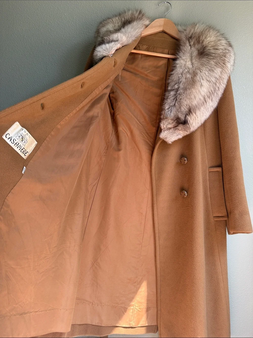 Womens Cashmere Double-Breasted Wool Pea Coat with Removable Fur Collar